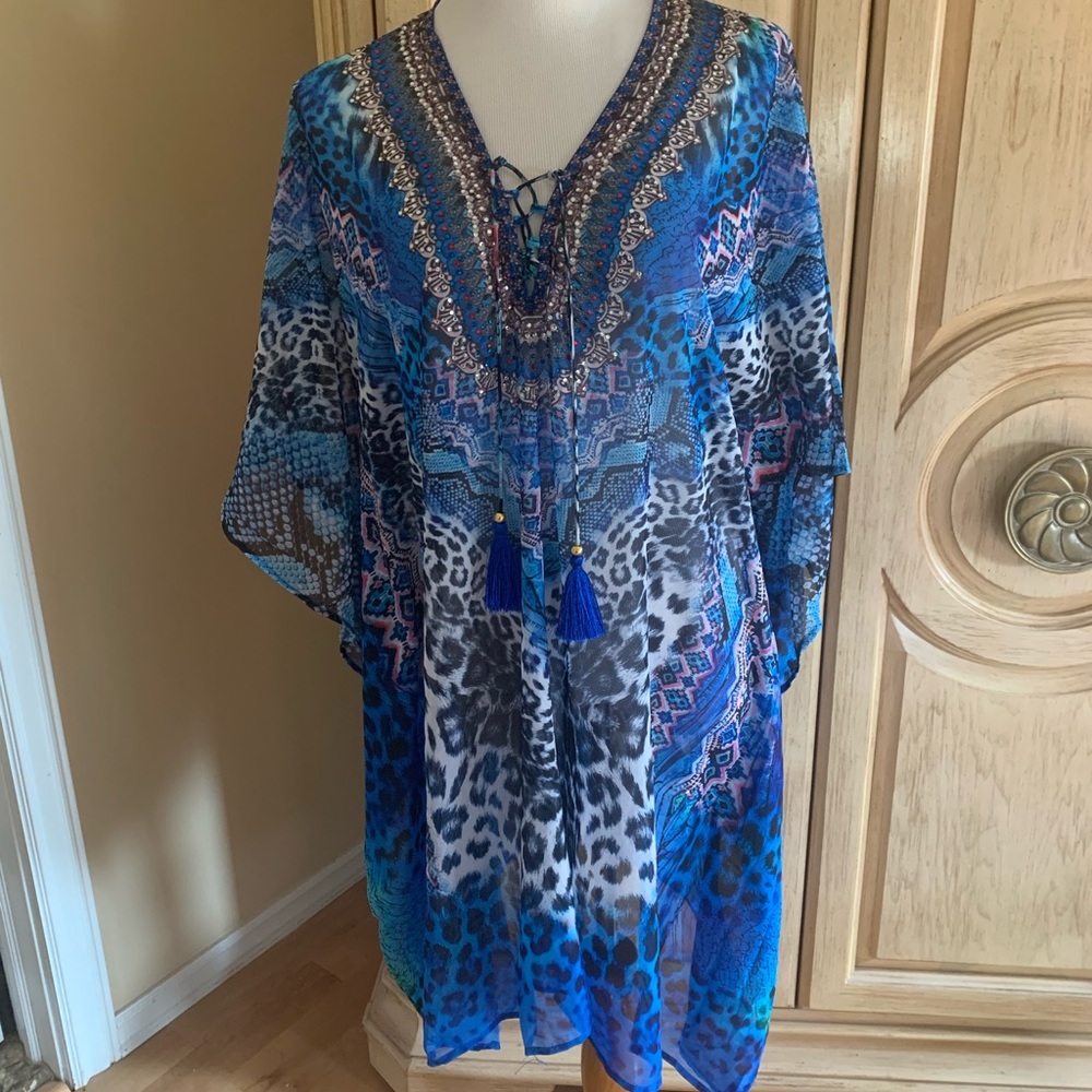 NWT~TRUE COLOURS La Moda Clothing Kaftan with Crystals  Swim Cover Up Dress~OS